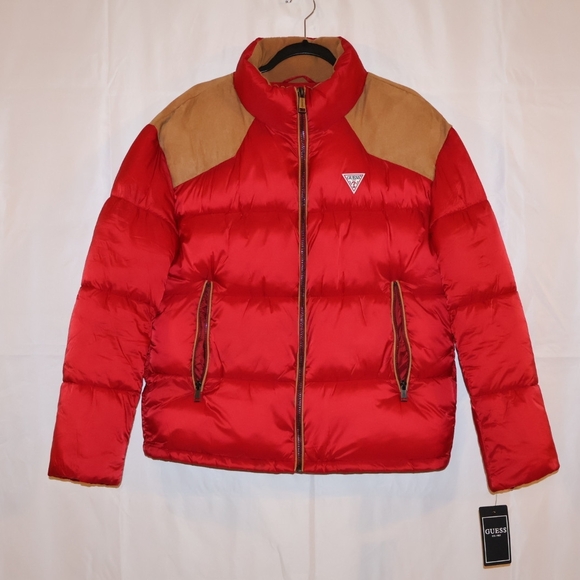 Guess Vibrant Red Puffer Jacket with Tan Details - Picture 3 of 5